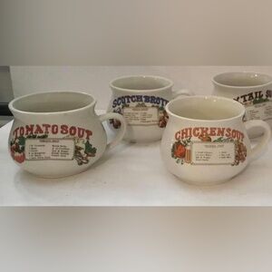 Soup bowls with 4 soup recipes written in front of each bowl. Lot of 4. Vintage